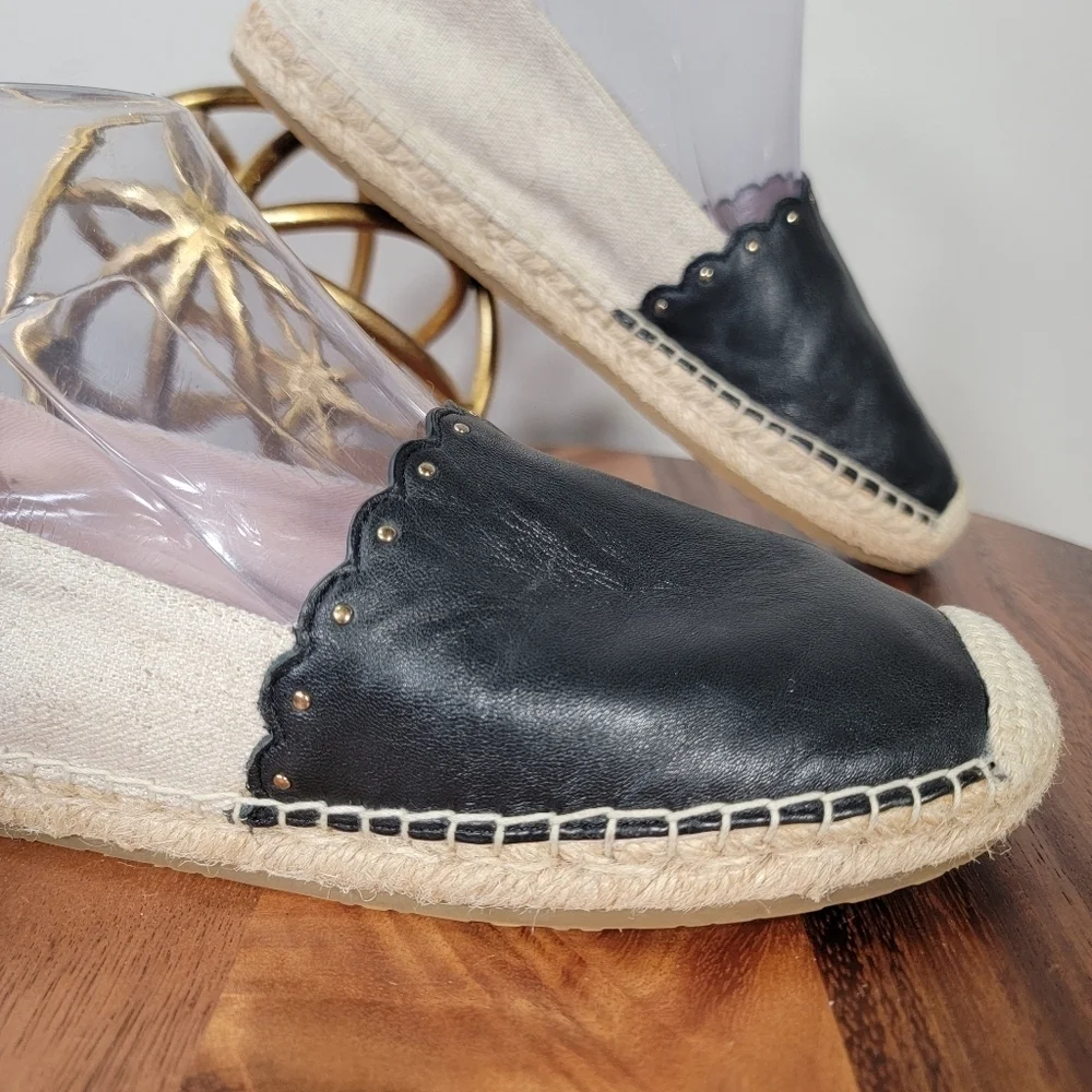 Kate Spade Gardenia Black Leather and Cream Espadrilles Size 8 Scalloped Summer